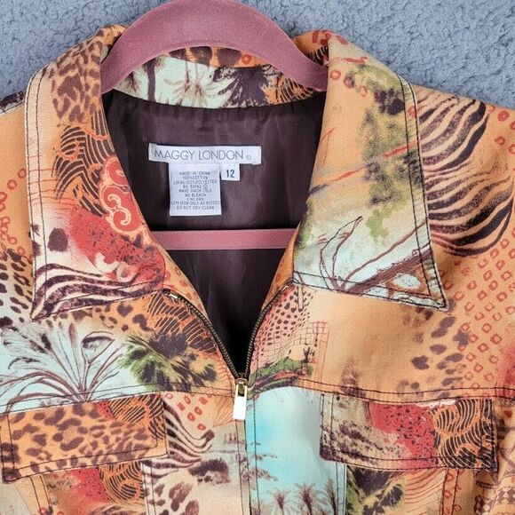 Maggy London Jacket Blazer Womens 12 Full Zip Colorful Africa Animals Artsy - Picture 12 of 16